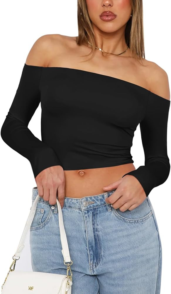 REORIA Womens Sexy Off Shoulder Long Sleeve Basic Shirts Double Lined Slim Fitted Trendy Lightwei... | Amazon (US)