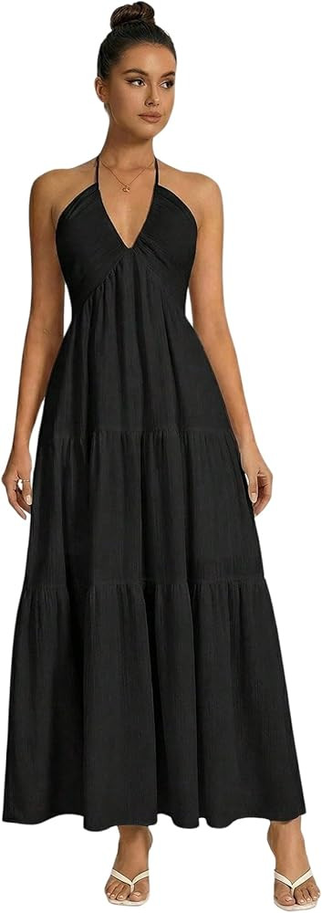 OYOANGLE Women's Summer Beach Sundress Formal Wedding Guest Dress Backless Flowy Vacation Boho Ma... | Amazon (US)