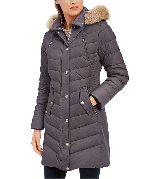 Faux-Fur-Trim Hooded Chevron Down Puffer Coat, Created for Macy's | Macys (US)