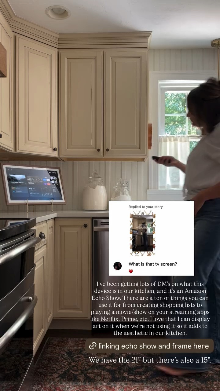 I’ve been getting lots of DM’s on what this device is in our kitchen, and it’s an Amazon Echo Show. There are a ton of things you can use it for from creating shopping lists to playing a movie/show on your streaming apps like Netflix, Prime, etc. I love that I can display art on it when we’re not using it so it adds to the aesthetic in our kitchen. We have the 21” but there’s also a 15”.