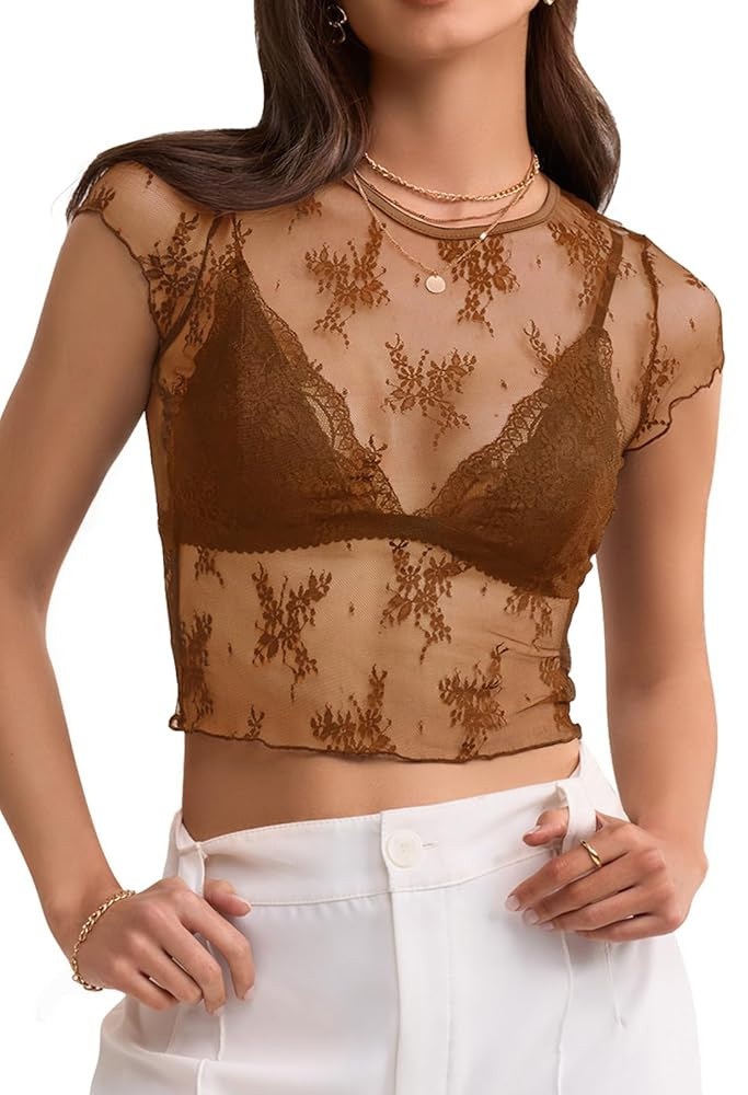 MEROKEETY 2025 Women's Mesh Sheer Lace Crop Top See Through Cap Sleeve Crewneck Summer Sexy Y2K B... | Amazon (US)