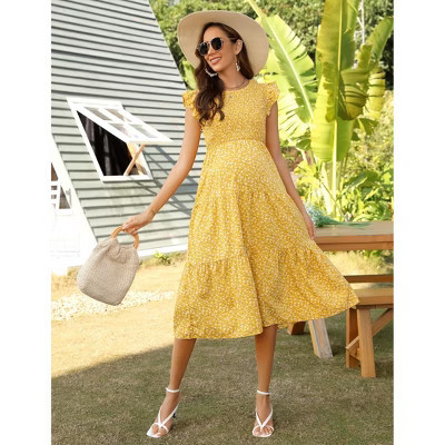 Women's Maternity Flutter Short Sleeve Summer Casual Dress Smocked Crew Neck Tiered Midi Dress Baby Shower Photoshoot Yellow Floral M | Target