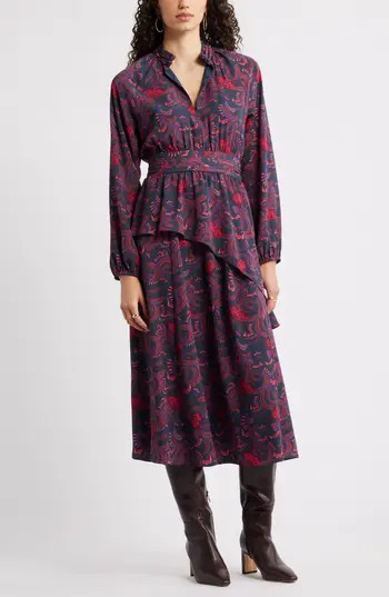 Chelsea28 Long Sleeve Ruffle Midi Dress in Navy Floral Vine at Nordstrom Rack, Size Small | Nordstrom Rack