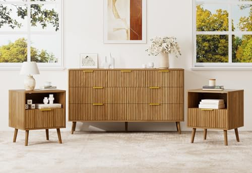 LYNSOM Fluted Dresser and Nightstand Set, 3 Pieces Bedroom Set, 55 Inch Wide 7-Drawer Dresser & 1-Drawer Nightstands Set of 2, Modern Dressers Set for Bedroom, Hallway, Natural Oak | Amazon (US)