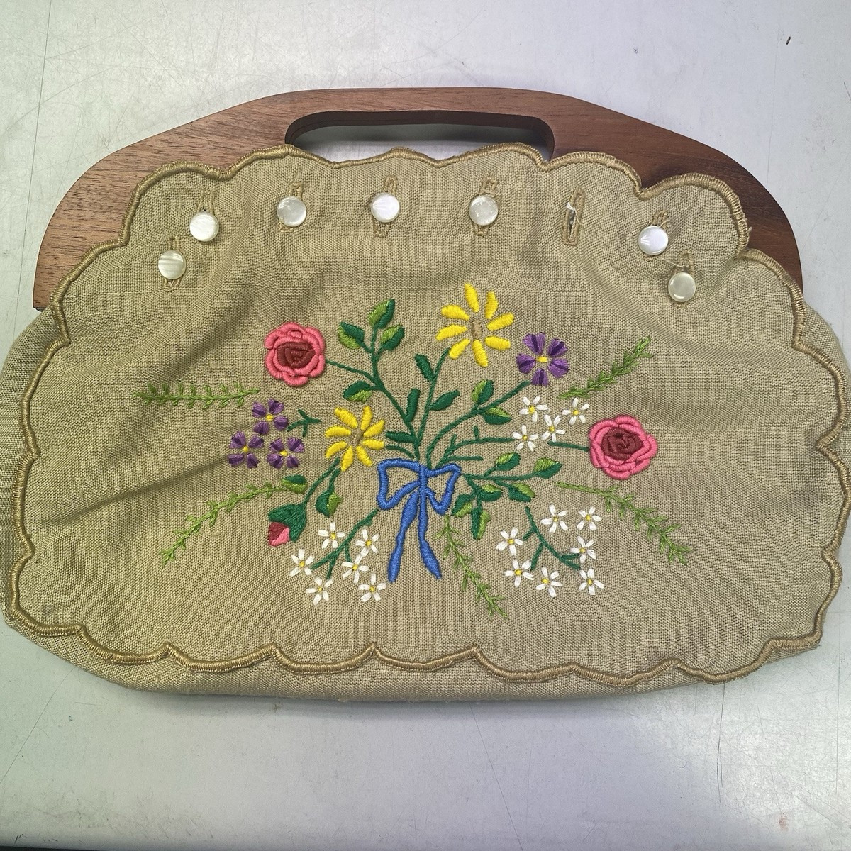Vintage Bermuda Handbag with Embroidered Detailing and Wooden Handles | eBay US