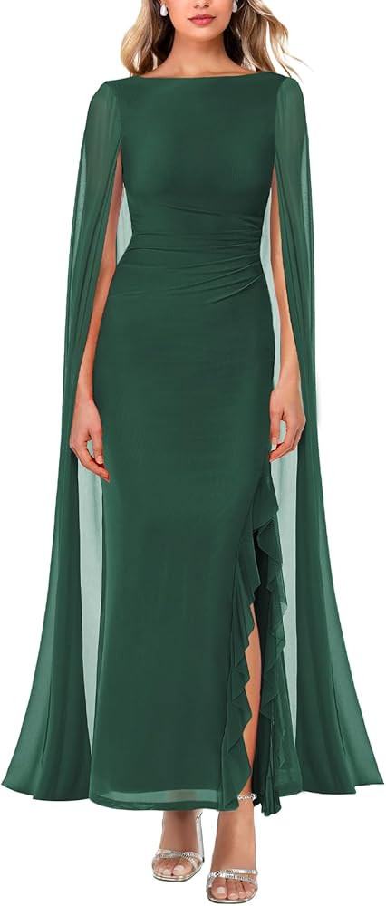 MAYFASEY Women's Sexy Elegant Long Sleeve High Split Mesh Ruched Formal Long Evening Party Maxi D... | Amazon (US)