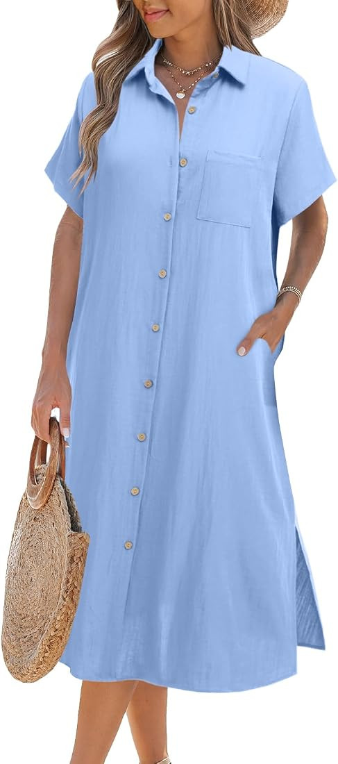Zeagoo Womens Dress Summer Casual Short Sleeve Button Down Shirt Dress Beach Cover Up Dress with ... | Amazon (US)