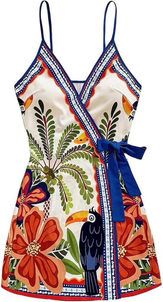 SOLY HUX Women's Tropical Print Mini Dress Summer Wrap V Neck Bow Tie Vacation Dresses | Amazon (US)