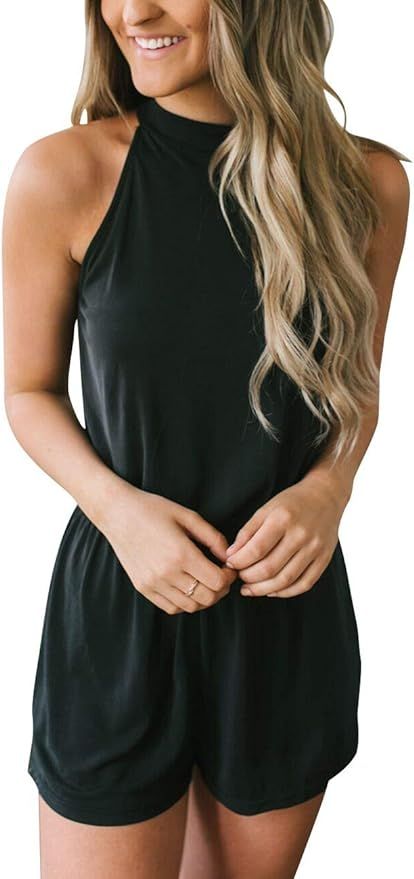 MEROKEETY Women's Summer Halter Neck Shorts Elastic Waist Solid Color Jumpsuit Rompers | Amazon (US)