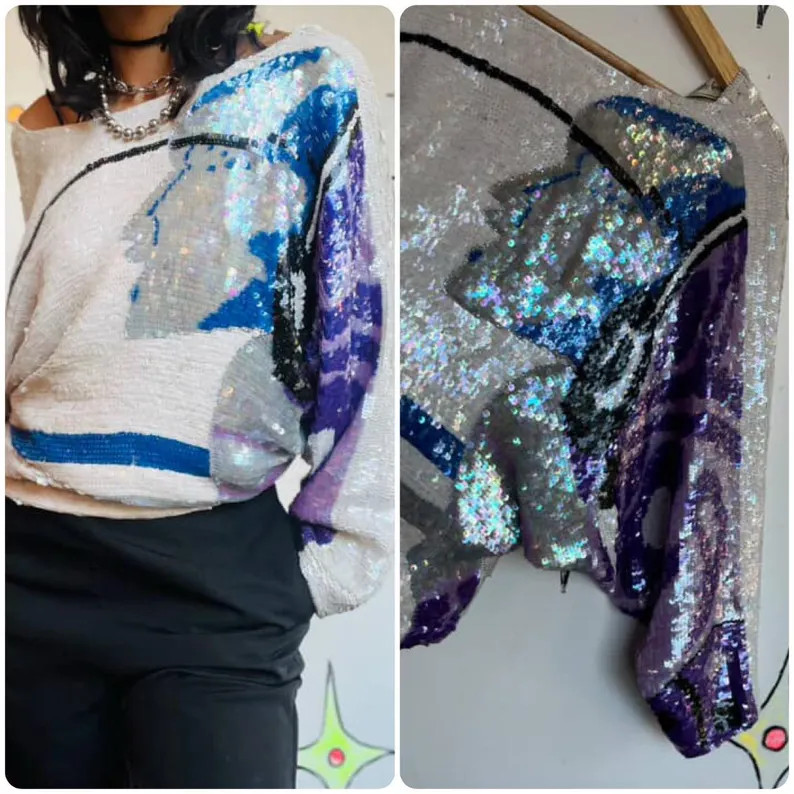 Vintage 80s Disco Glam Fully Sequin Silk Wearable Art Dolman Bat Wing Blouse M/L | Etsy (Global)