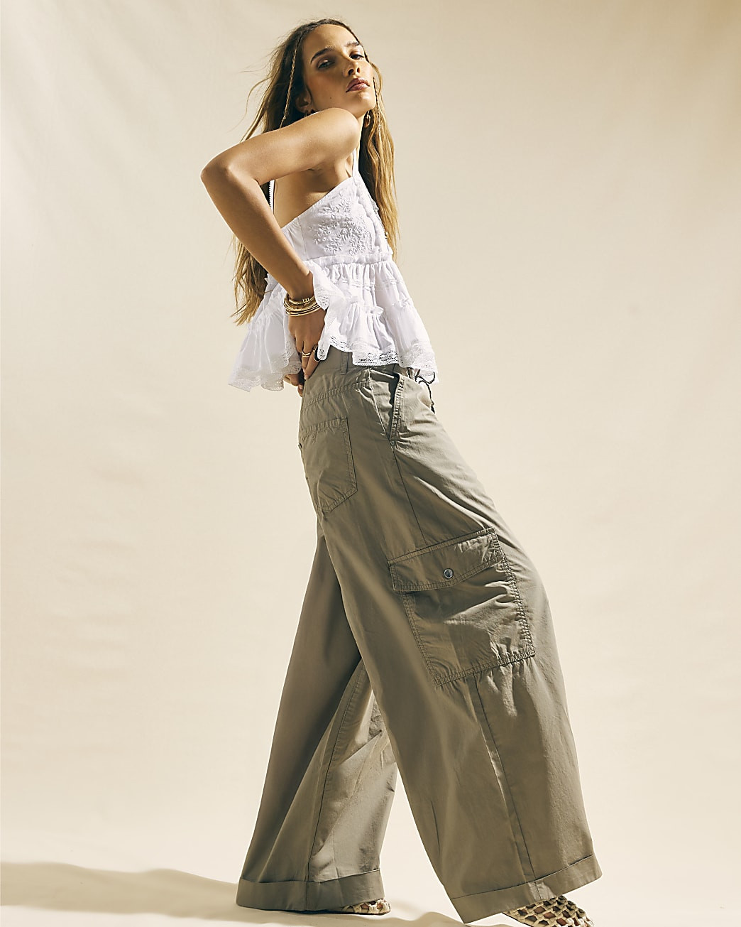 Beige Wide Leg Cargo Trousers | River Island UK & IE
