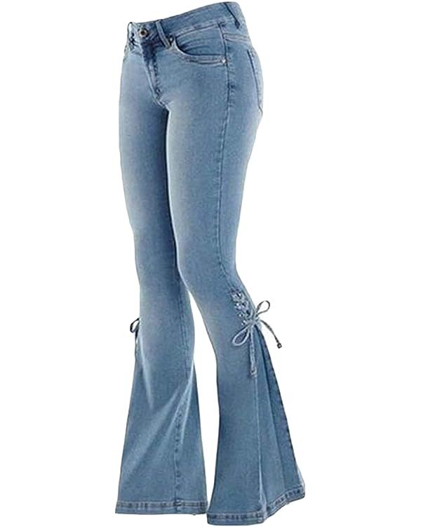 TKMUNY Women's Lace-up Bell Bottom Denim Pants Mid Waist Stretchy Flare Juniors Jeans Trouser Leg... | Amazon (US)