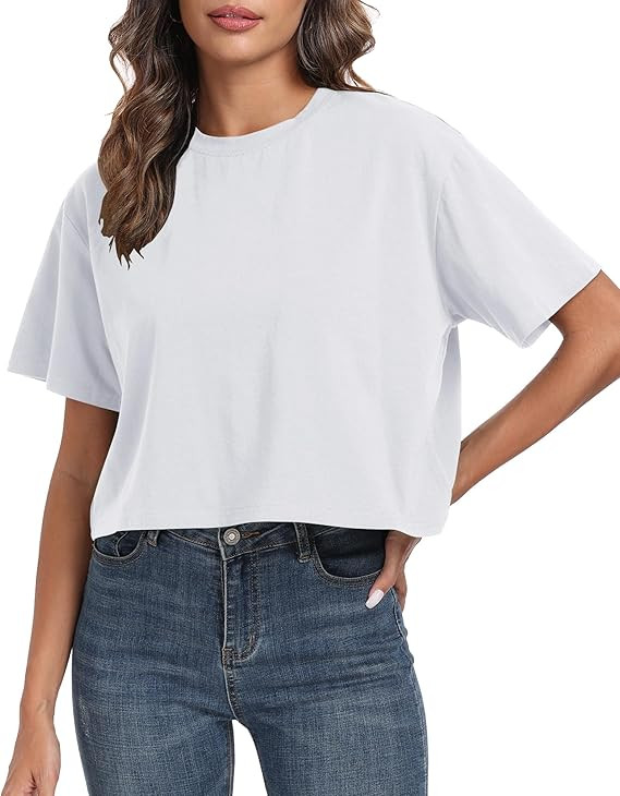 PRIMODA Women's Oversized Workout Cropped T Shirts Crew Neck Short Sleeve Casual Loose Summer Cro... | Amazon (US)