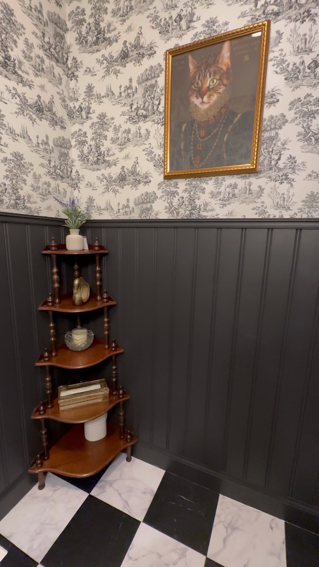 A very easy but dramatic bathroom refresh! Used beadbaord from Home Depot and Peel and Stick tiles from Chasing Paper  