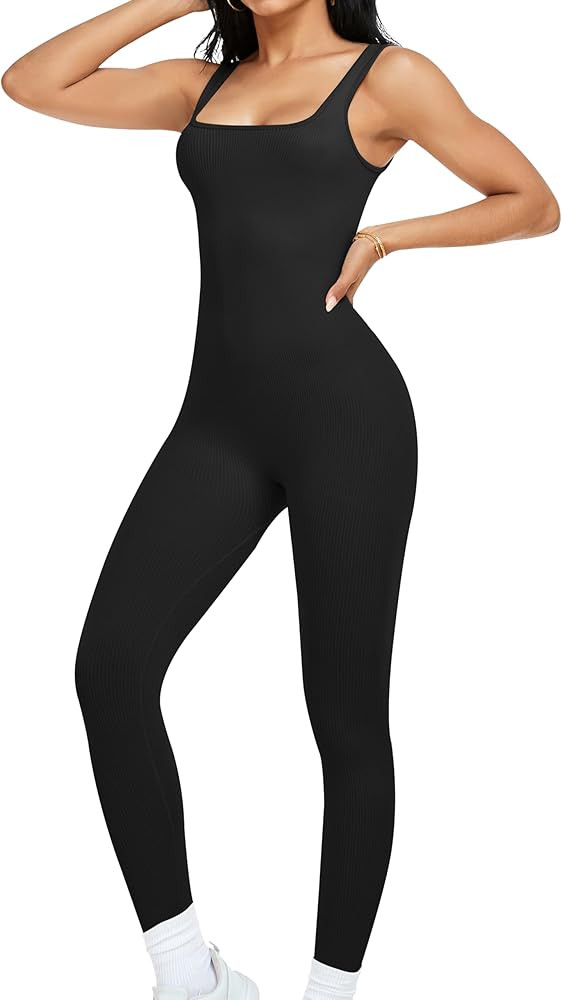 KIKIMINK Women's Jumpsuits Seamless Ribbed Square Neck One Piece Yoga Workout Sleeveless Rompers ... | Amazon (US)