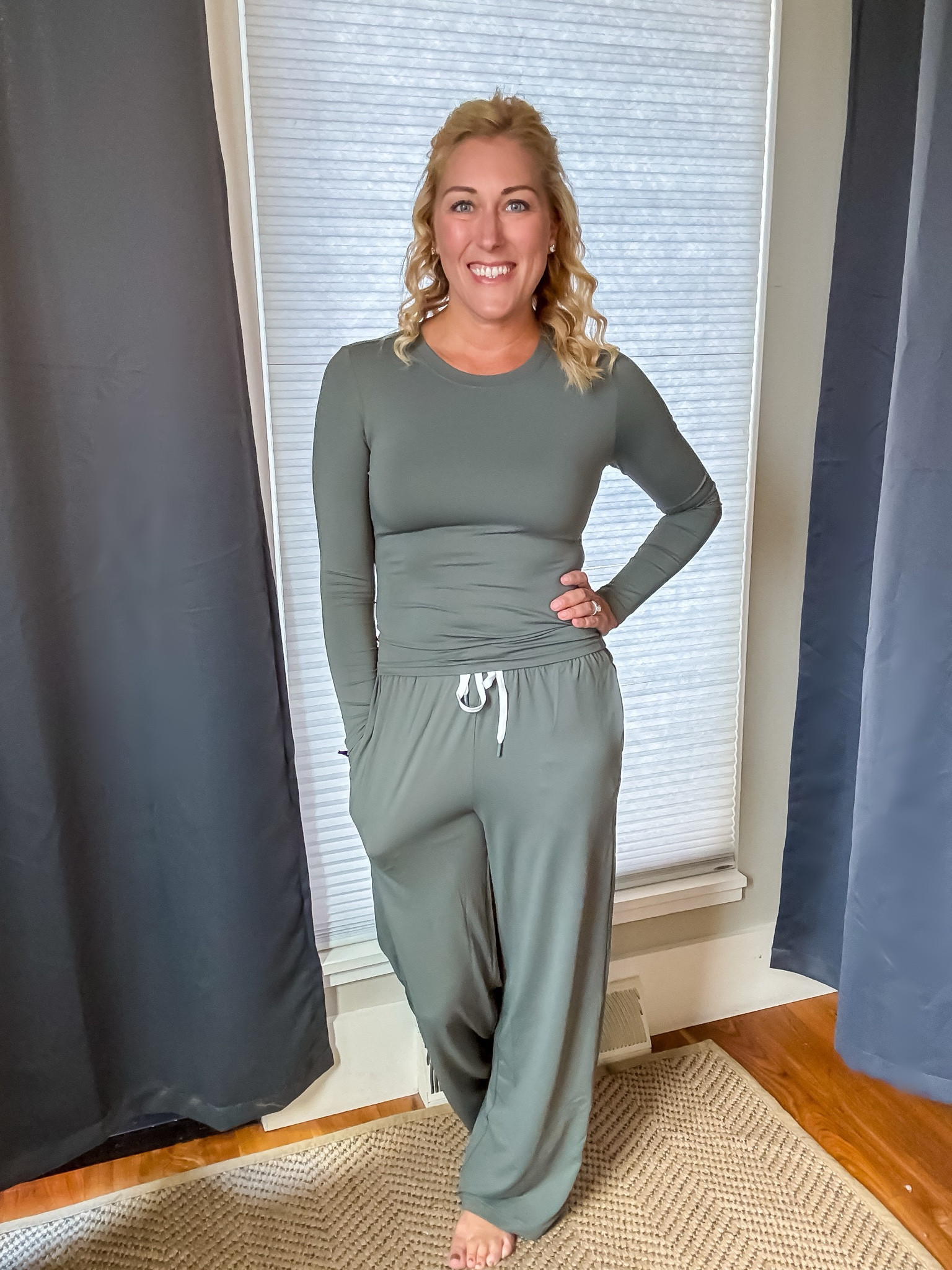 This athletic type two piece set is great! The fabric is like activewear and the stretch is fantastic. Love this one for running errands!