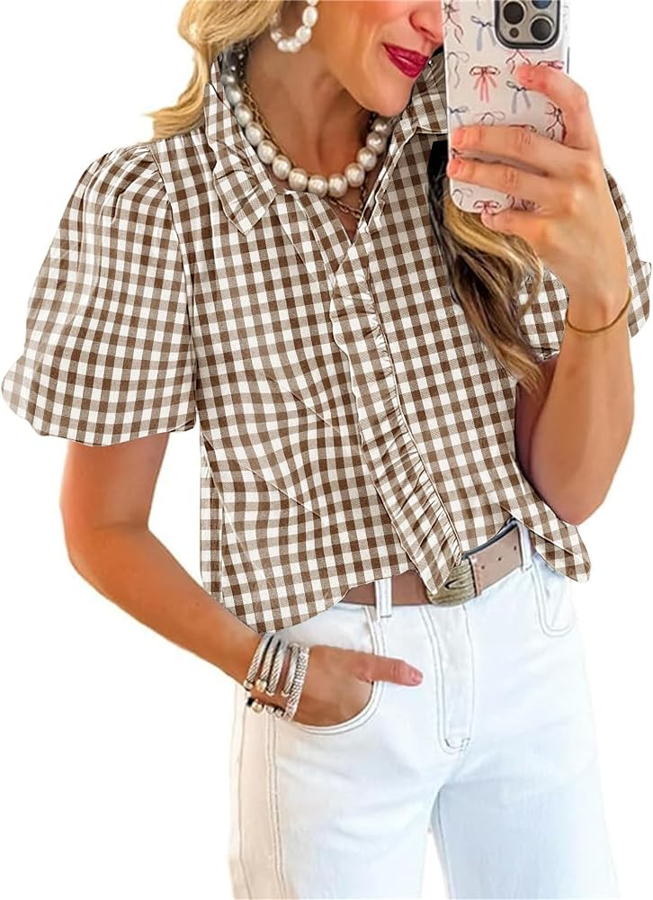 Disamer Womens Puffy Sleeves Tops Button Down Shirt Ruffle Shirt Short Striped Work Tops Trendy B... | Amazon (US)