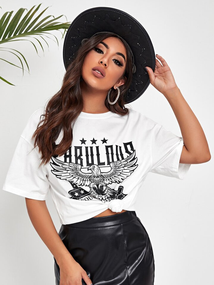 SHEIN SXY Drop Shoulder Eagle & Letter Print Tee | SHEIN