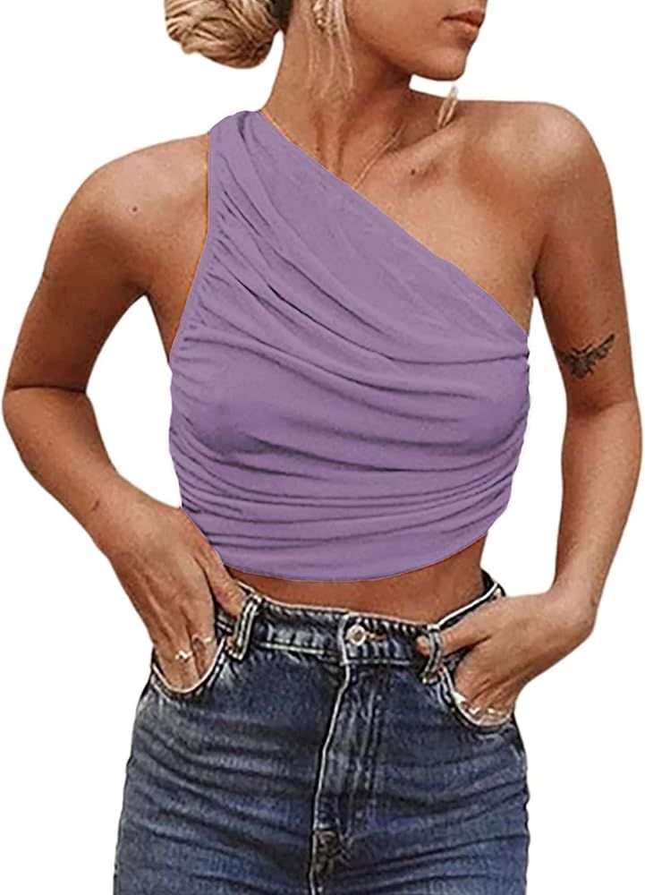 SOFIA'S CHOICE Women's One Shoulder Crop Tee Ruched Sleeveless Tank Top | Amazon (US)