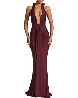 Women Deep V Neck Ruched Maxi Dress Sleeveless Halter Gown Cocktail Evening Formal Dresses | Amazon (US)