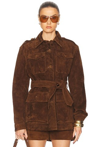 AEXAE Leather Suede Mid Jacket in Suede Honey Brown - Brown. Size S (also in XS). | FWRD 