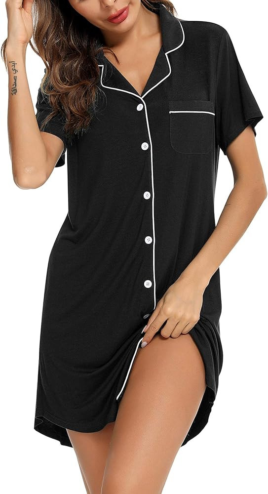 Senert Nightgown for Women Sleep Shirt Short Long Sleeve Sleepwear Boyfriend Nightshirt Button Do... | Amazon (US)