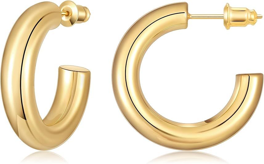 Gacimy Chunky Gold Hoop Earrings for Women 14K Real Gold Plated, 925 Sterling Silver Post Gold Ho... | Amazon (US)