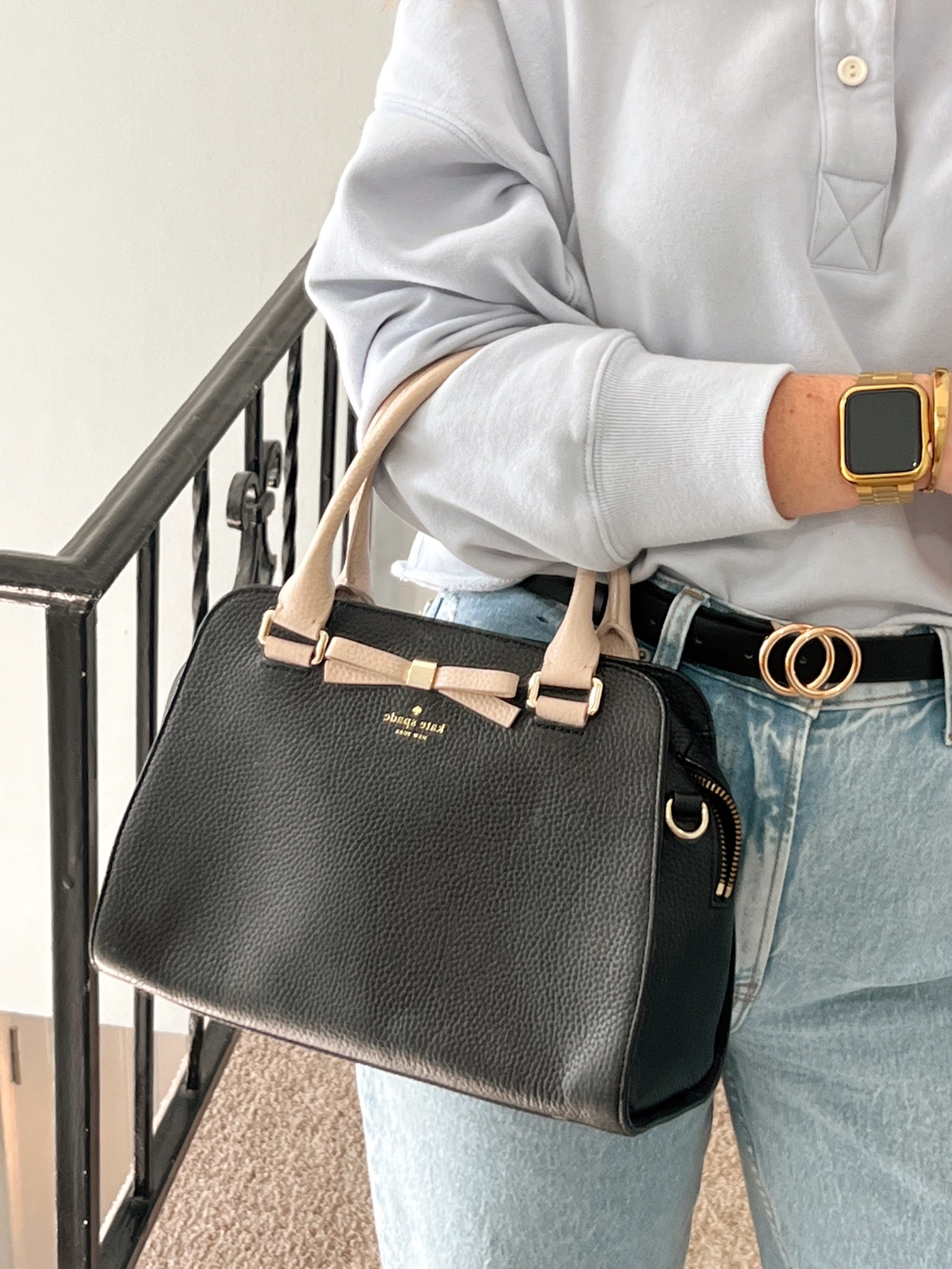 Fall outfit accessories: black purse with pink bow, black belt with gold buckle, gold Apple Watch band, and gold bangle. The black is sold out of this purse but the pink is still available 💛

(related search: blue collared sweater, high waisted light wash straight leg jeans, Henderson street Kate spade purse, bow purse)

#LTKfall #LTKstyletip #LTKitbag 

#LTKunder50 #LTKSeasonal #LTKunder100
