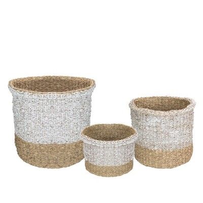 Northlight Set of 3 Beige and White Round Wicker Table and Floor Baskets | Target