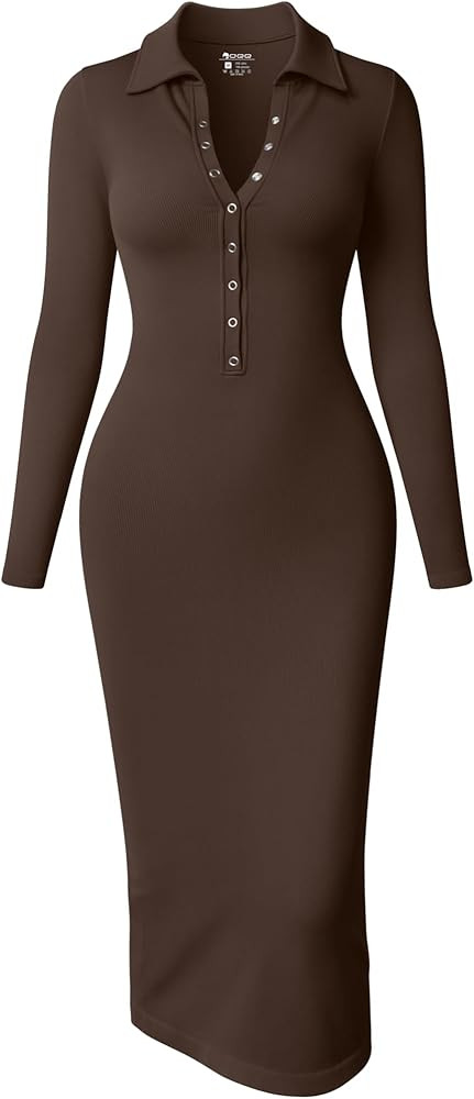 OQQ Women's Long Sleeve Maxi Dress Ribbed Back Slit Button Down Bodycon Soft Going Out Elegant Pa... | Amazon (US)