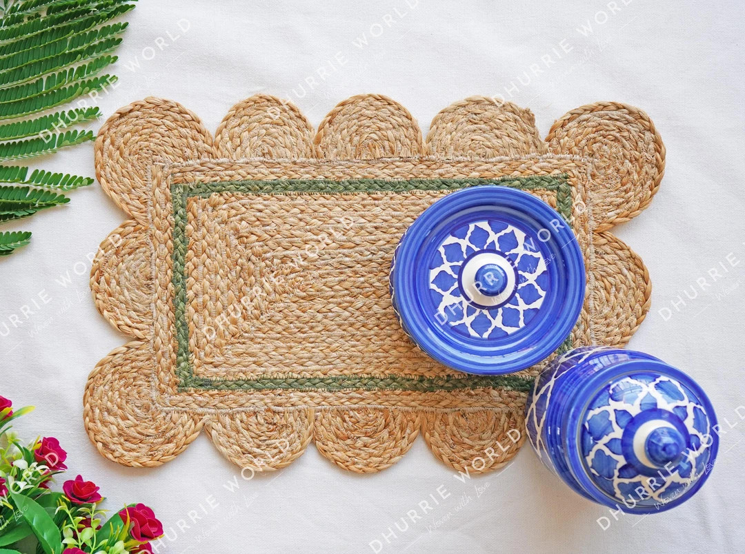 Scalloped Jute Placemats, Farmhouse Natural Jute Placemat, Boho Tablemats, 12x18 Inch | Etsy (US)