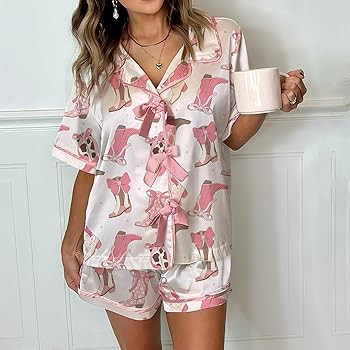 Womens Cute Bow Tie Front Pajamas Summer Y2k Floral Pjs 2 Piece Outfits Puff Sleeve Shirt Ruffle ... | Amazon (US)