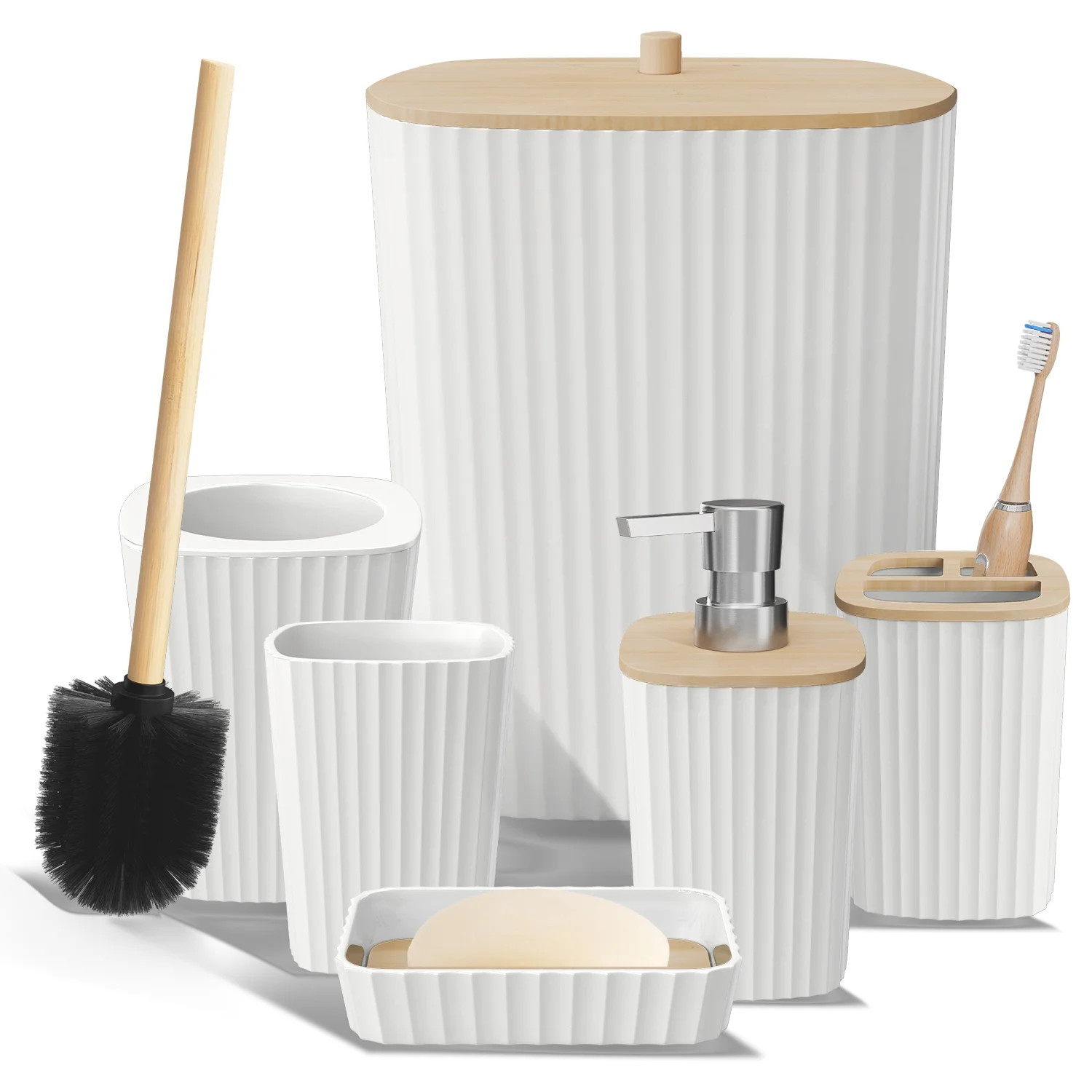 Virtu 6 Piece Bamboo Bathroom Sets, White Bathroom Accessories Set for Minimalistic Bathroom Déc... | Walmart (US)