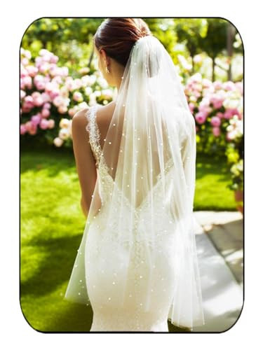 EASEDAILY Pearl Bride Wedding Veil White Short Fingertip Length 1 Tier Bridal Tulle Veils with Comb (White) | Amazon (US)