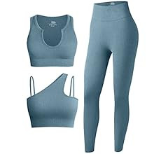 OQQ Women's 3 Piece Outfits Ribbed Seamless Exercise Scoop Neck Sports Bra One Shoulder Tops High... | Amazon (US)