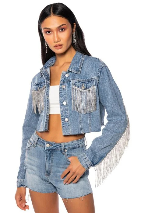 AZALEA WANG RHINESTONE COWBOY FRINGE DENIM JACKET in light blue denim | AKIRA