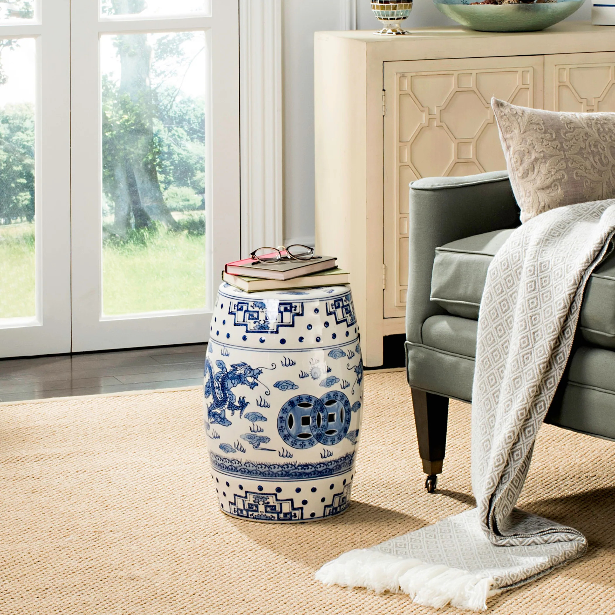 SAFAVIEH Tonje Dragon'S Breath Chinoiserie Blue Ceramic Decorative Garden Stool - On Sale - Overs... | Overstock