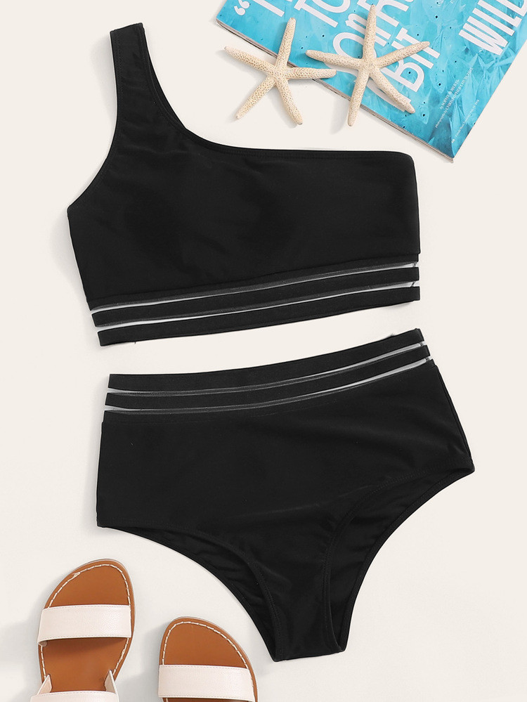 Mesh Panel One Shoulder Bikini Swimsuit | SHEIN