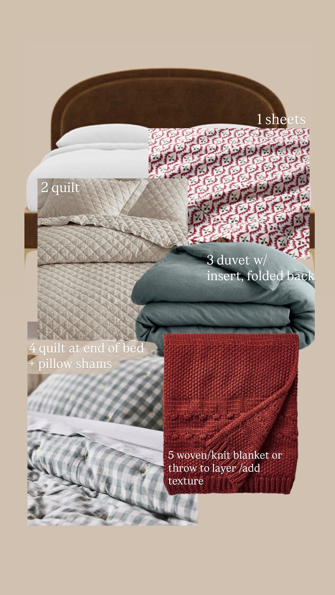 Let’s dress this bed for warm fall and winter nights! 

1. Cotton patterned sheets folded back a touch to show the pattern/make inviting. 
2. A high quality neutral quilt (fold back with sheets)
3. Duvet with fluffy insert folded back halfway on the bed to make it extra fluffy. 
4. Gingham quilt for pattern folded across foot of bed on top of duvet. 
5. Knit/woven throw for layering/texture/ extra warms for the one who likes lots of blankets. 

And don’t forget the gorgeous arch performance velvet bed.

Bedding. Holiday bedding. Bedroom. Guest room. Home decor. Inviting home. 

#LTKSeasonal #LTKHome #LTKHoliday