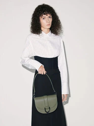 Sage Green Gabine Leather Saddle Bag | CHARLES & KEITH | Charles & Keith US