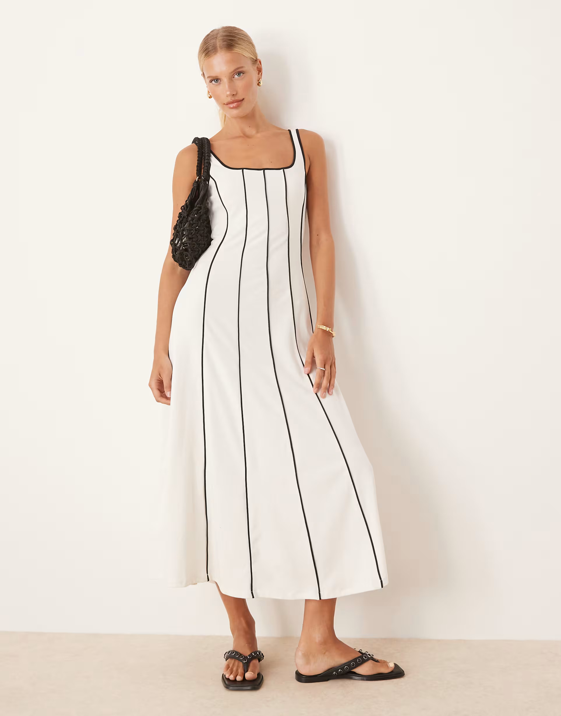 Mango sqaure neck midi dress with contrast seam detail in white | ASOS (Global)