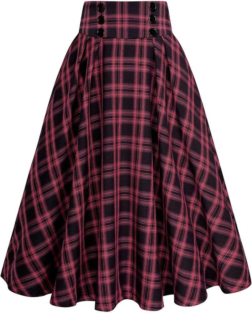 Belle Poque Vintage Plaid Skirt for Women High Waisted Midi A-line Skirts Pleated Skirt with Pock... | Amazon (US)