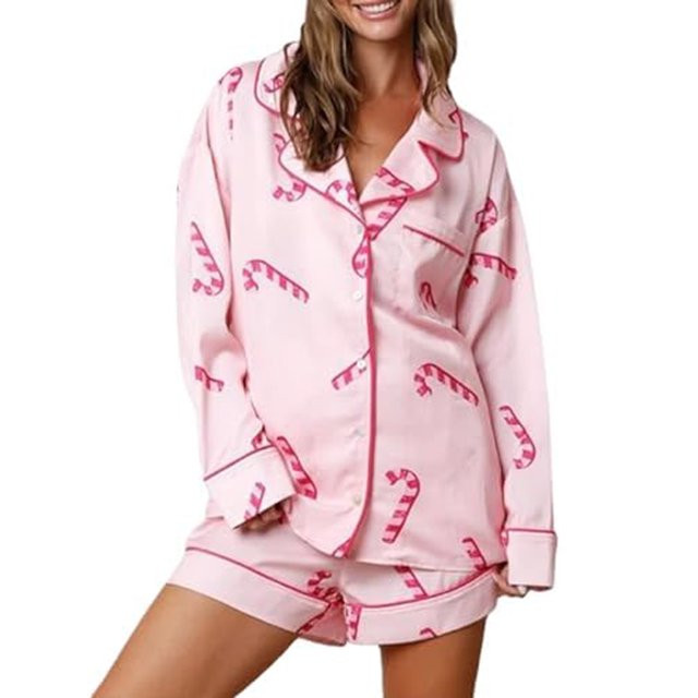 Women Christmas Satin Pajamas Sets Y2k PJs 2 Piece Outfits Long Sleeve Button Down Shirt and Shor... | Walmart (US)