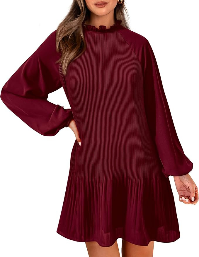 PRETTYGARDEN Women's 2023 Fall Short Flowy Dress Casual Long Sleeve Ruffle A Line Swing Dresses | Amazon (US)