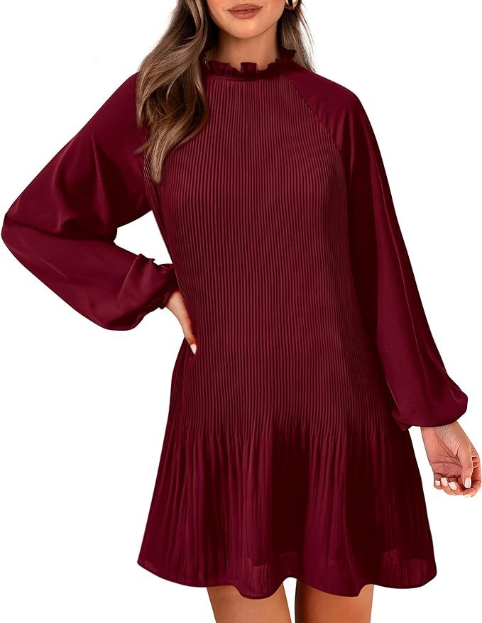 PRETTYGARDEN Women's 2023 Fall Short Flowy Dress Casual Long Sleeve Ruffle A Line Swing Dresses | Amazon (US)