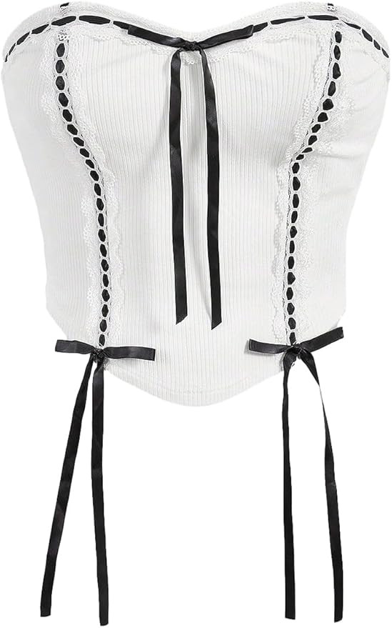 Women's Tie Front Grommet Eyelet Crop Bandeau Top Strapless Asymmetrical Hem Sleeveless Bow Tie T... | Amazon (US)