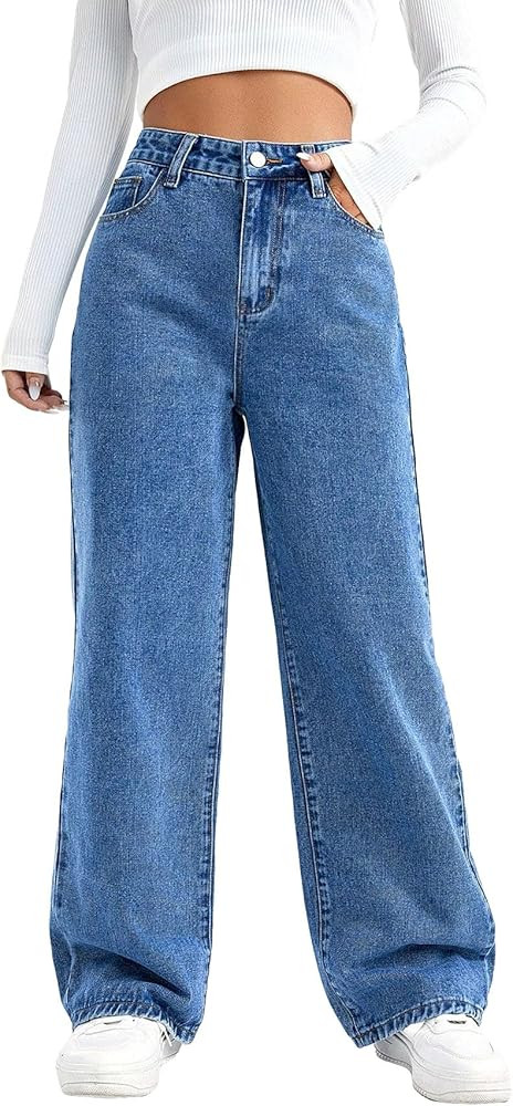 MakeMeChic Women's Casual High Waisted Zipper Fly Jeans Straight Wide Leg Denim Pants | Amazon (US)