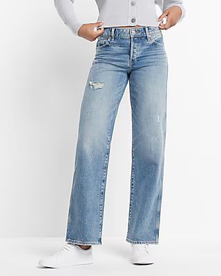 Low Rise Medium Wash Ripped Baggy Straight Jeans | Express