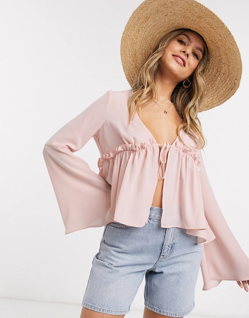 ASOS DESIGN open blouse with ruffle front in Blush-Pink | ASOS (Global)