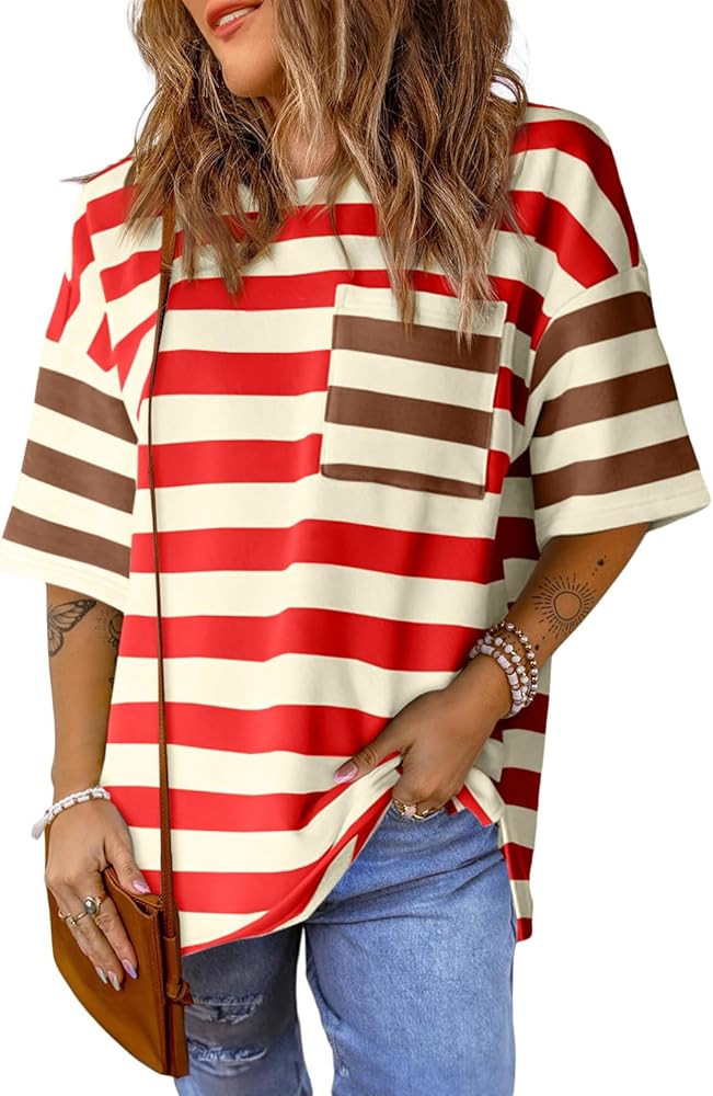 Womens Oversized Color Block Striped Tshirts Summer Casual Short Sleeve Tops Loose Fit Crew Neck ... | Amazon (US)